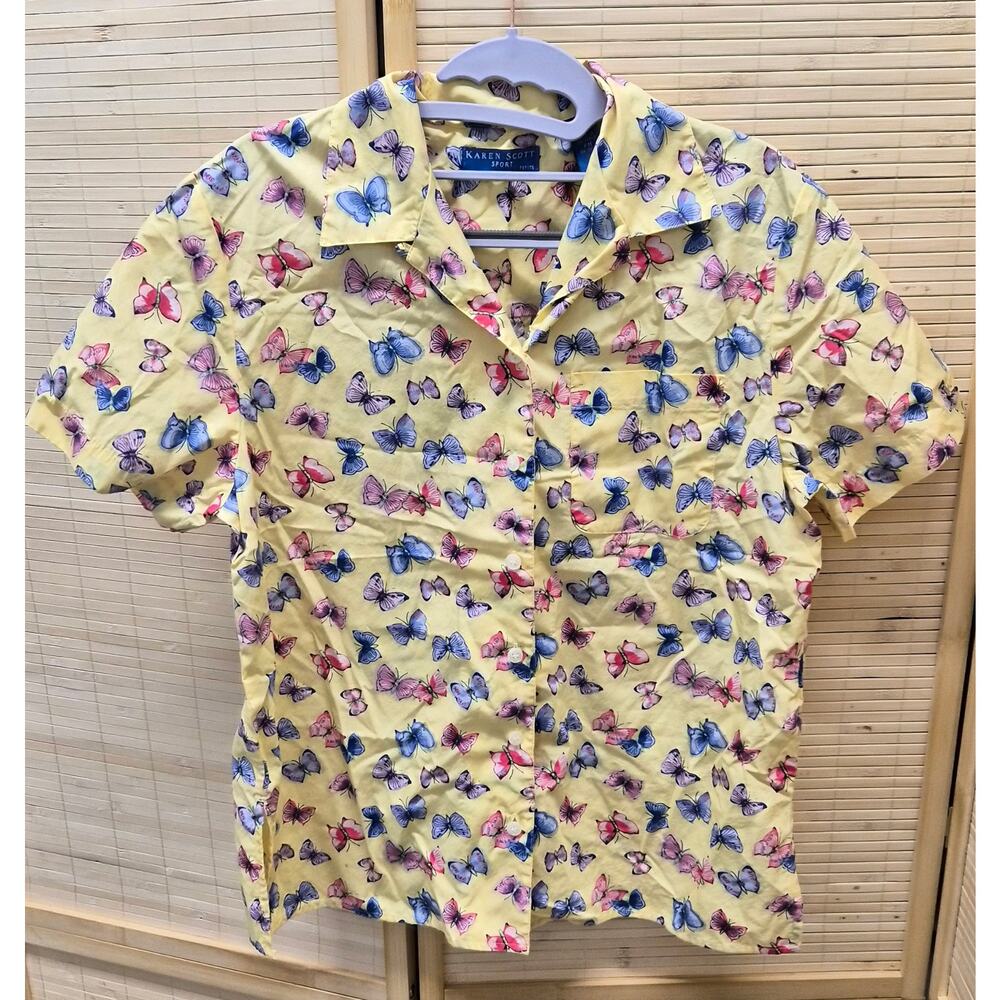 Karen Scott Butterfly Print Shirt Yellow Cotton Button Front Top